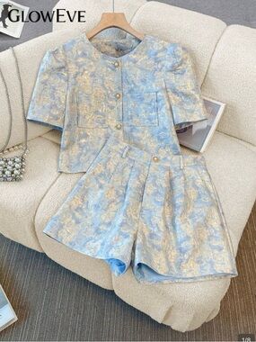 GlowEve Elegant Blue Gold Floral bubble Jacquard 2-piece Set Size S